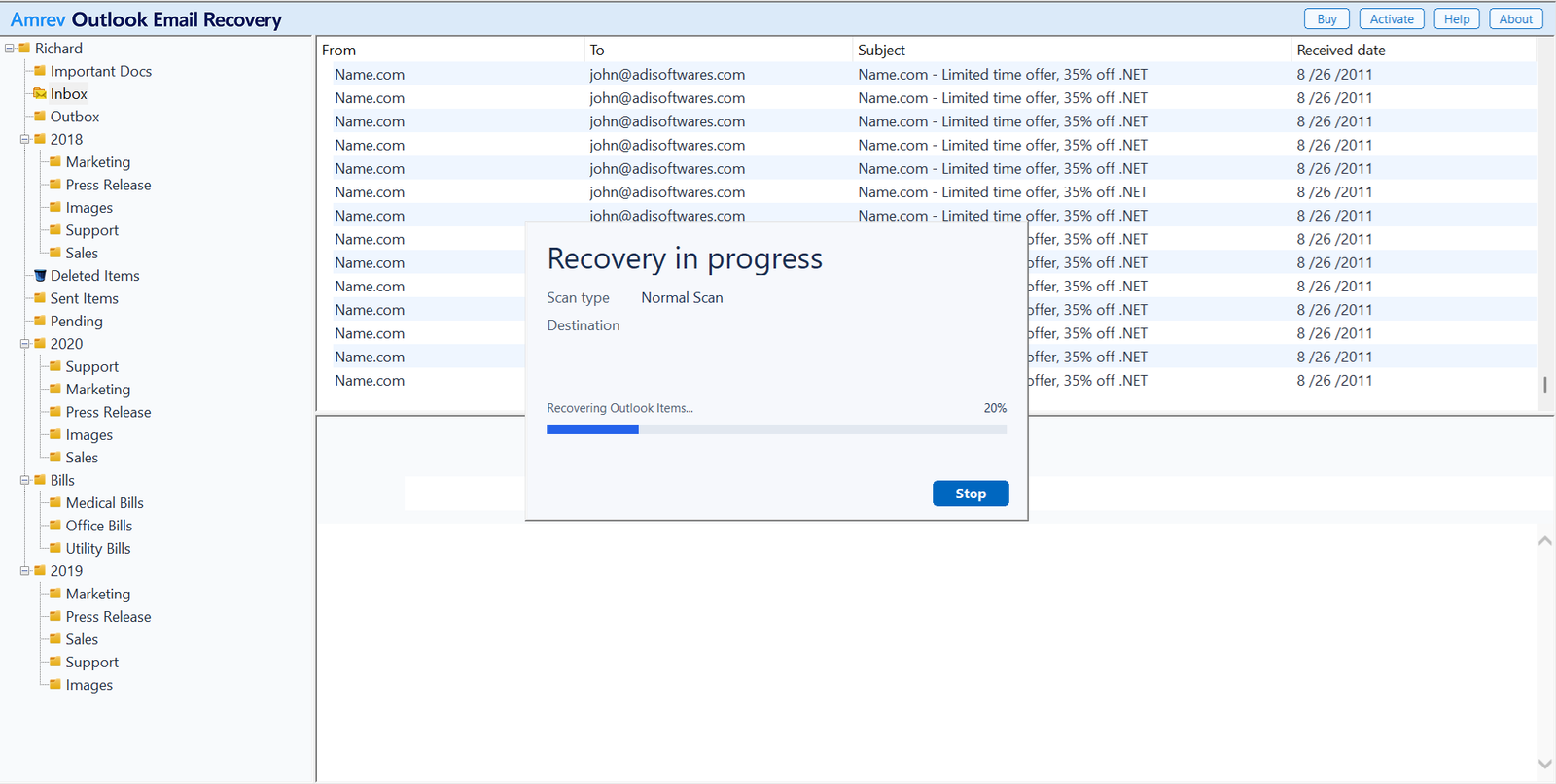 Amrev Outlook Email Recovery scanning a PST for deleted Outlook emails